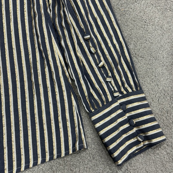 Express Scoop Neck Navy White Gold Metallic Stripe Long Sleeve Button Cuff Shirt - Picture 3 of 8